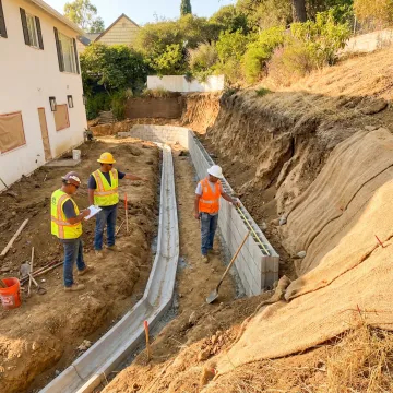 Crew inspecting hillside drainage and erosion control work