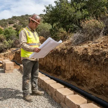 Contractor reviewing retaining wall construction plans on a sloped yard