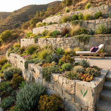 Engineered retaining wall on a hillside landscape