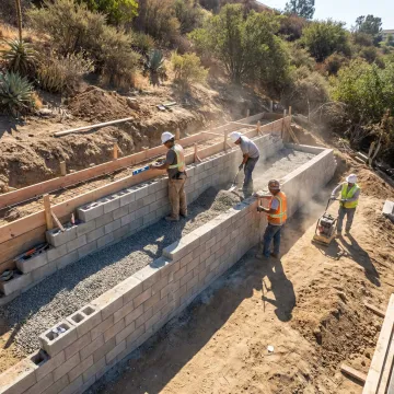 Engineered concrete retaining wall on hillside property