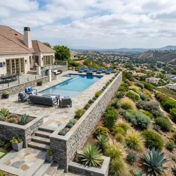 Luxury outdoor pool terrace with hillside views