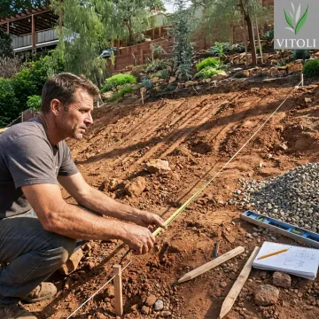 Contractor reviewing retaining wall layout on a residential slope