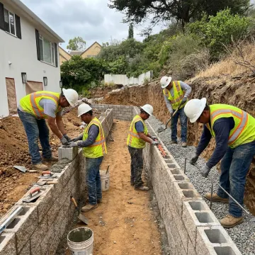 Crew constructing a hillside retaining wall