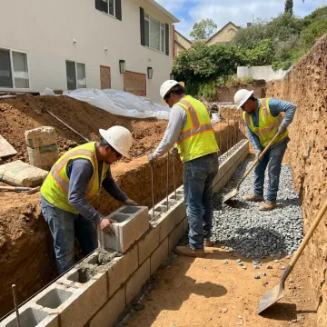 Crew constructing a reinforced retaining wall on a sloped residential property