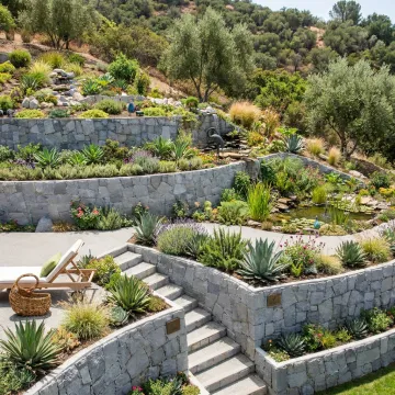 Decorative stone garden wall in a landscaped yard