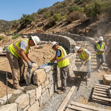 Crew remodeling a hillside outdoor living space