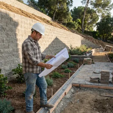 Contractor reviewing hillside landscape plans