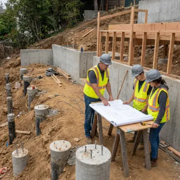 Design-build team reviewing hillside construction plans
