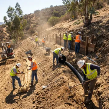 Grading and drainage contractors working on a hillside