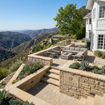 Finished hillside hardscape patio in Pacific Palisades