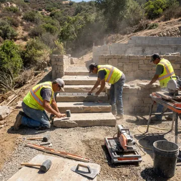 Hardscape crew installing stone patio on hillside property