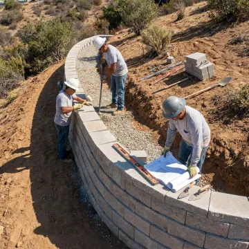 Crew building a retaining wall on a hillside property