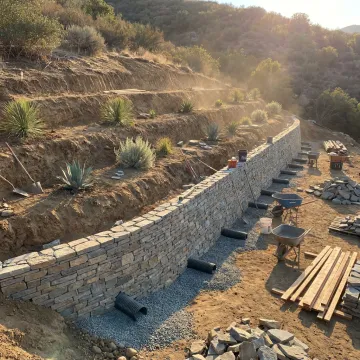 Retaining wall and landscaped hillside outdoor space