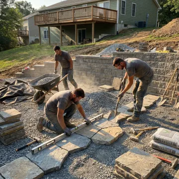 Hardscape crew installing stone pavers