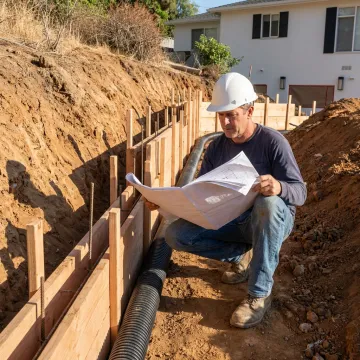 Contractor reviewing retaining wall construction on a hillside property