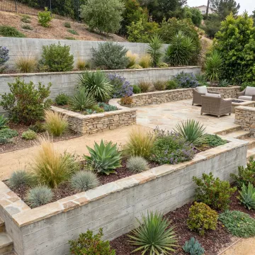 Landscaped hillside patio with concrete masonry walls