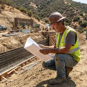 Contractor reviewing hillside landscape and masonry plans