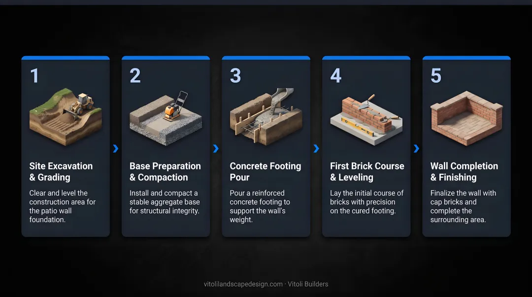 5-step brick patio wall foundation construction process flow diagram