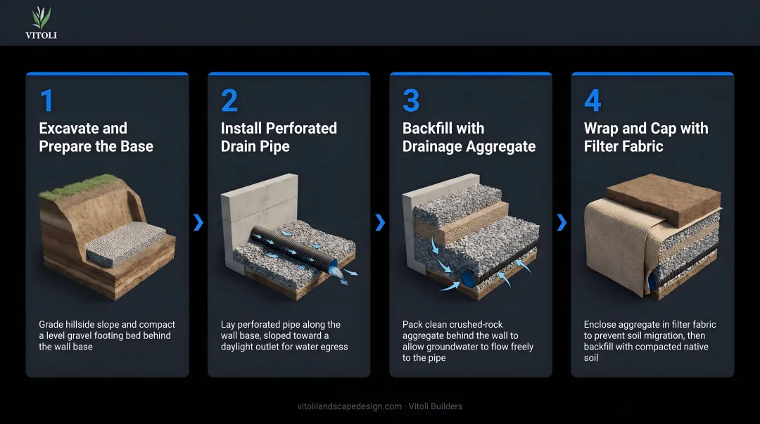 4-step retaining wall drainage installation sequence process flow infographic