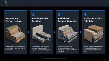 4-step retaining wall drainage installation sequence process flow infographic