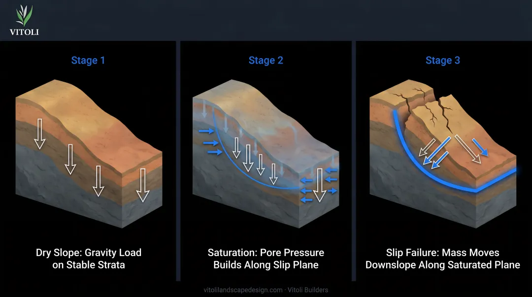 Three-stage slope slip plane failure process showing water saturation and gravity forces