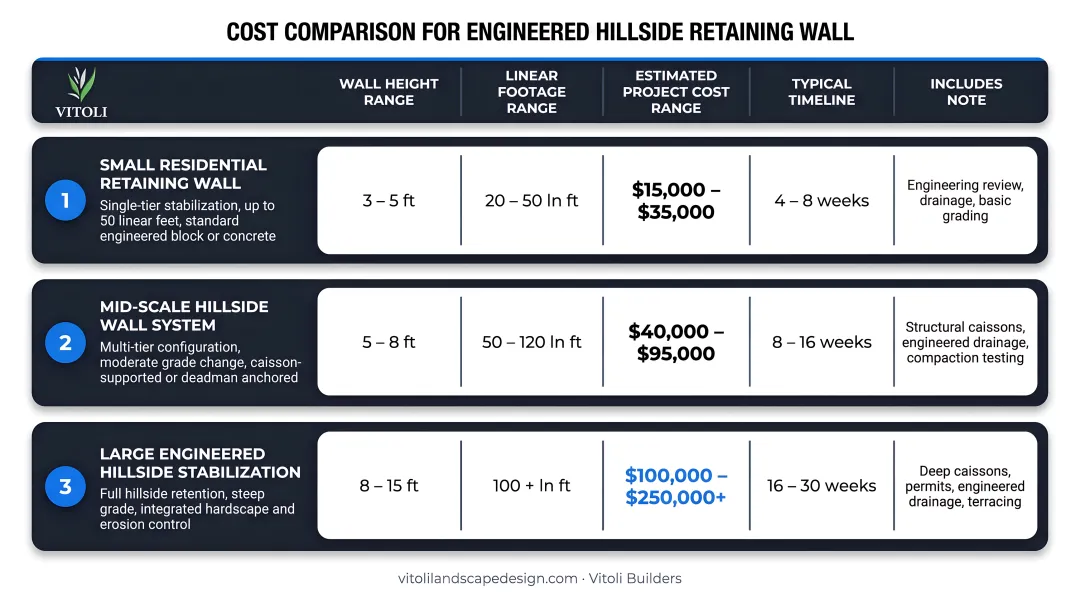 Three-tier retaining wall project cost comparison chart by scope and scale