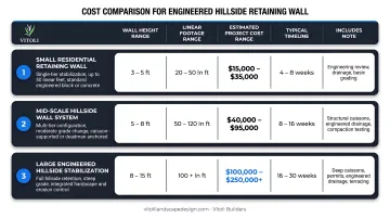 Three-tier retaining wall project cost comparison chart by scope and scale