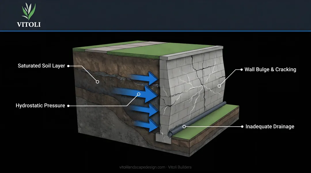 Retaining wall bulging outward showing hydrostatic pressure failure on residential property