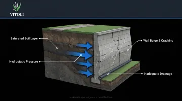 Retaining wall bulging outward showing hydrostatic pressure failure on residential property
