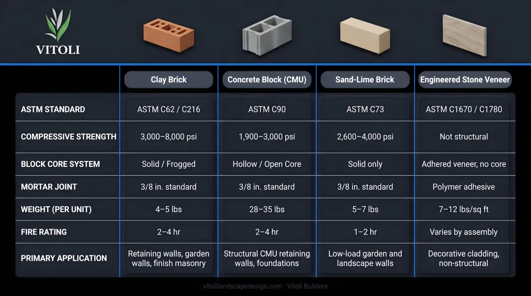 Brick wall material comparison table ASTM standards and structural block core system