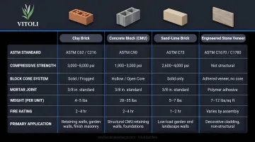 Brick wall material comparison table ASTM standards and structural block core system