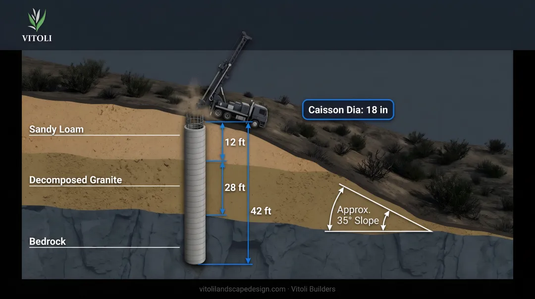 Drilled caisson excavation site showing soil conditions and drilling equipment on slope