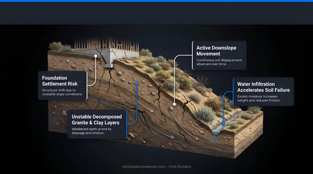 Southern California hillside home on sloped unstable terrain showing foundation risk