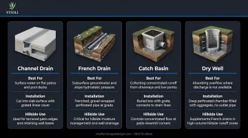 Patio drainage system types comparison channel drain French drain catch basin dry well
