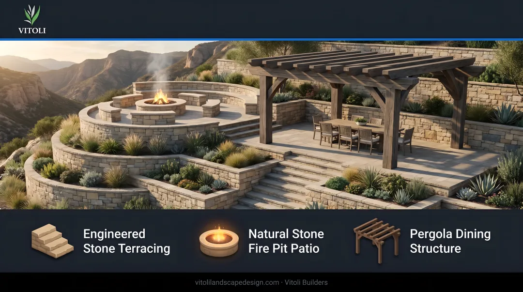Engineered hillside terrace with stone patio fire pit and pergola dining area