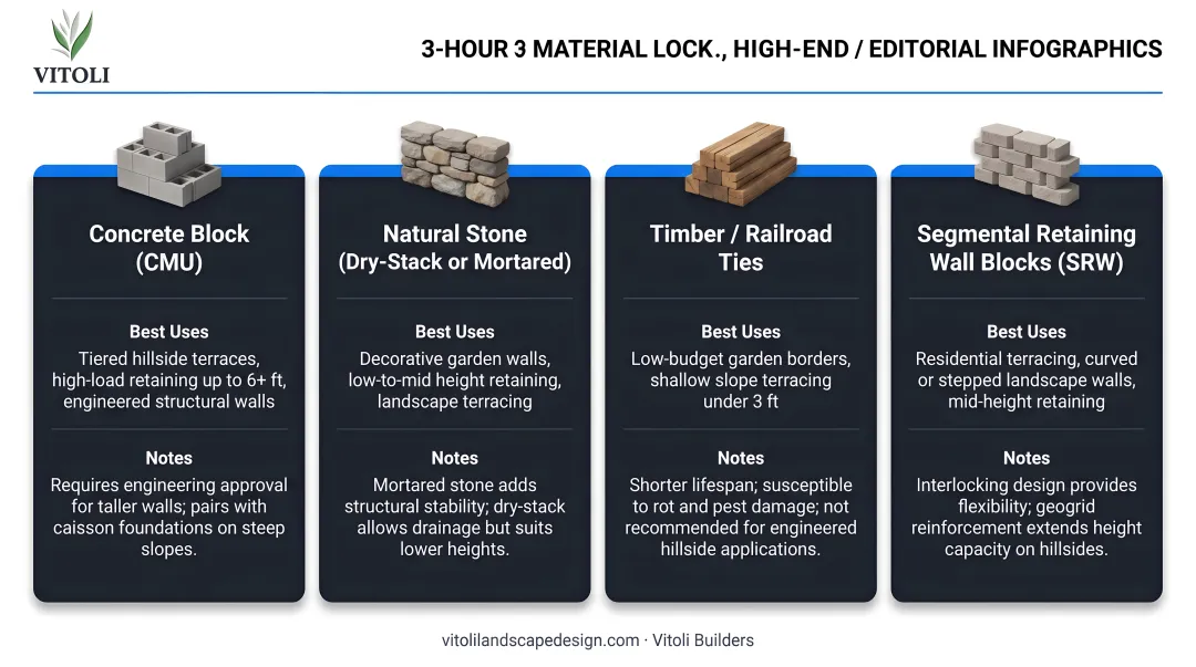Retaining wall material comparison chart showing four types with best uses and notes