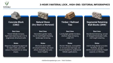 Retaining wall material comparison chart showing four types with best uses and notes