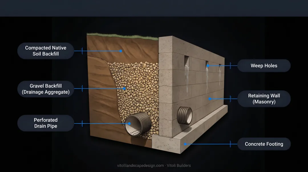 Retaining wall drainage system showing gravel backfill perforated drain and weep holes