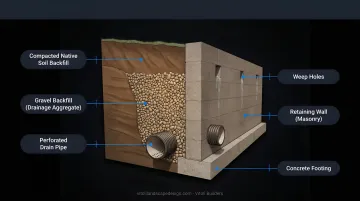 Retaining wall drainage system showing gravel backfill perforated drain and weep holes