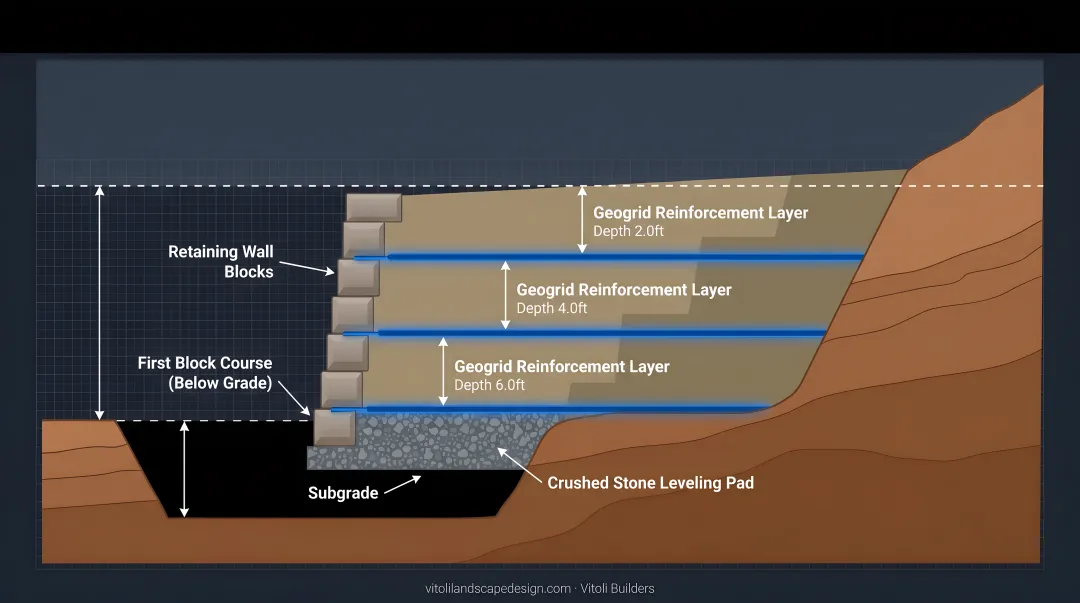 Geogrid retaining wall excavation and leveling pad preparation cross-section diagram
