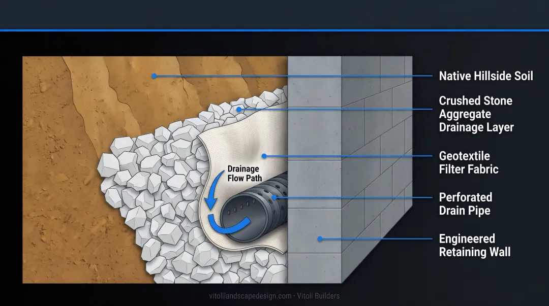 Retaining wall drainage system cross-section showing geotextile aggregate and drain pipe layers