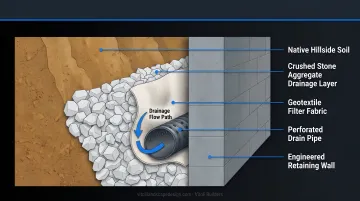 Retaining wall drainage system cross-section showing geotextile aggregate and drain pipe layers