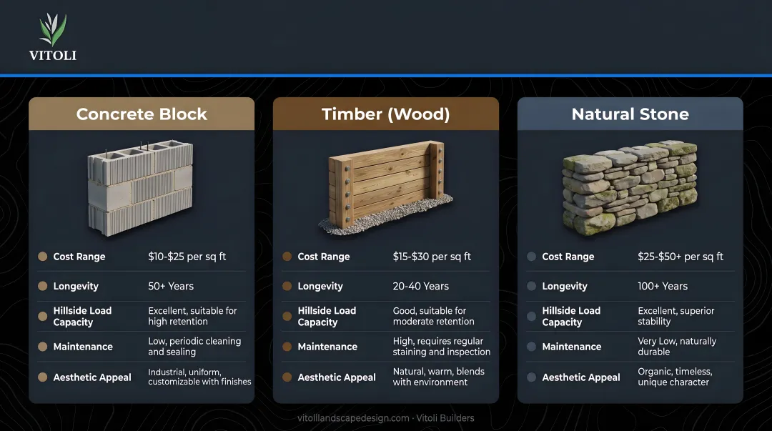 Three retaining wall material types comparison chart for hillside properties