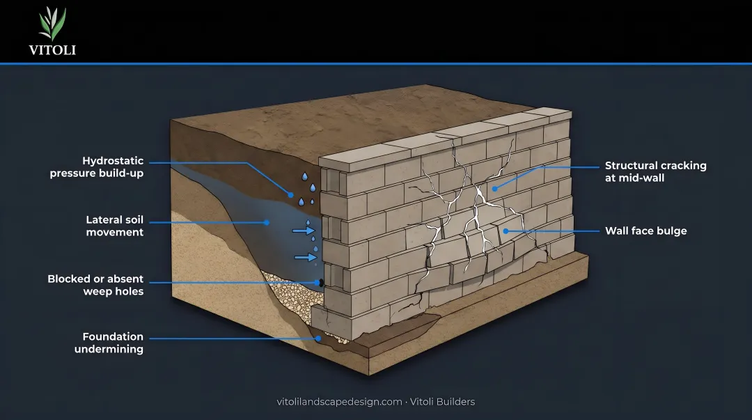 Damaged retaining wall showing visible bulging and cracking from drainage failure