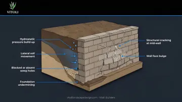 Damaged retaining wall showing visible bulging and cracking from drainage failure