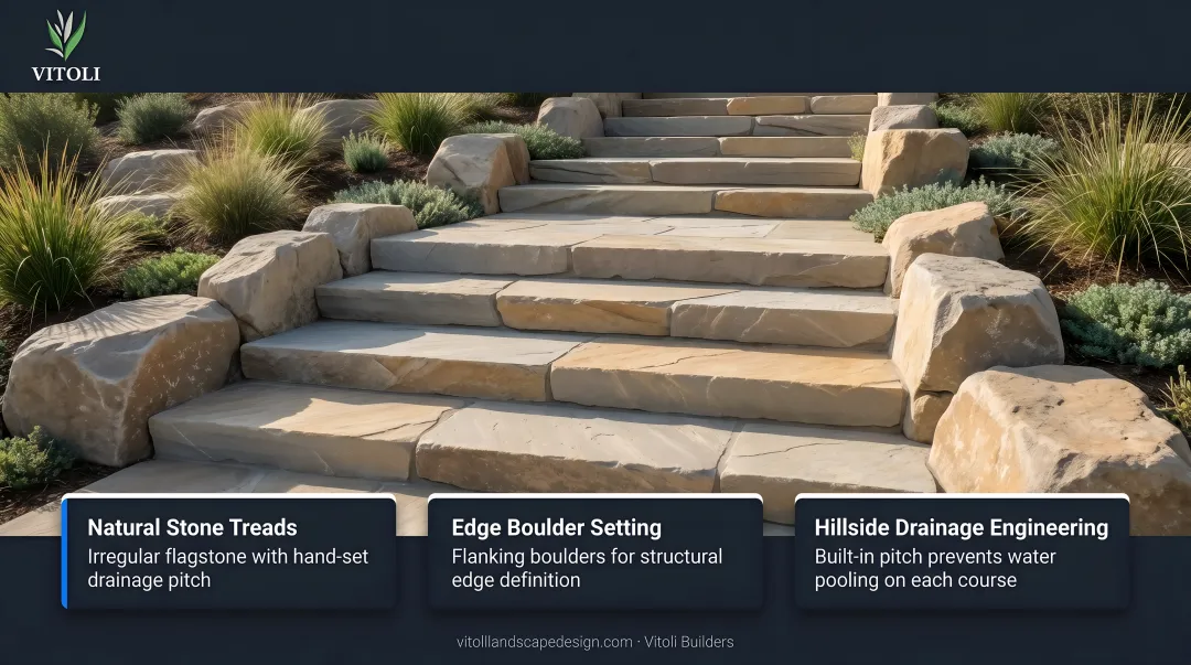 Completed natural stone hillside steps with proper drainage pitch and edge boulders