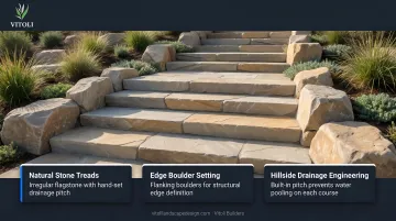 Completed natural stone hillside steps with proper drainage pitch and edge boulders