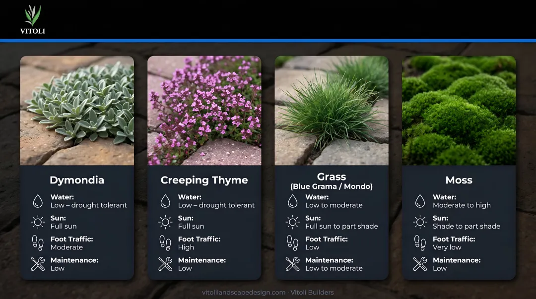 Four ground cover plants for paver gaps dymondia thyme grass and moss comparison