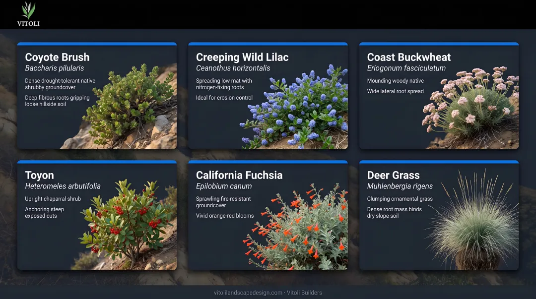 Native California groundcover plants stabilizing a dry sunny hillside slope