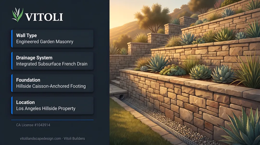 Vitoli Builders masonry garden wall with integrated drainage on hillside Los Angeles property